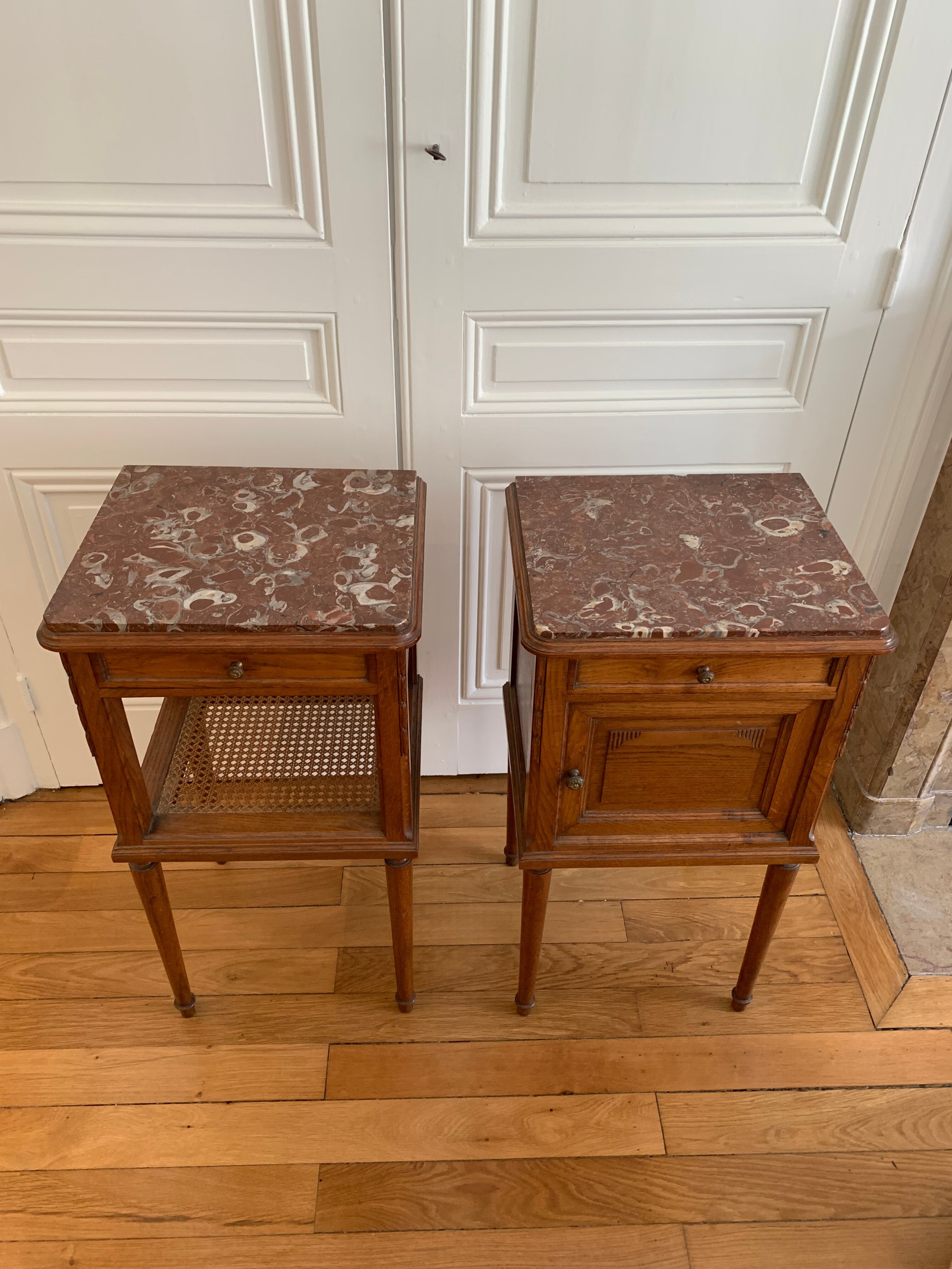 Pair of high marble and walnut bedside tables