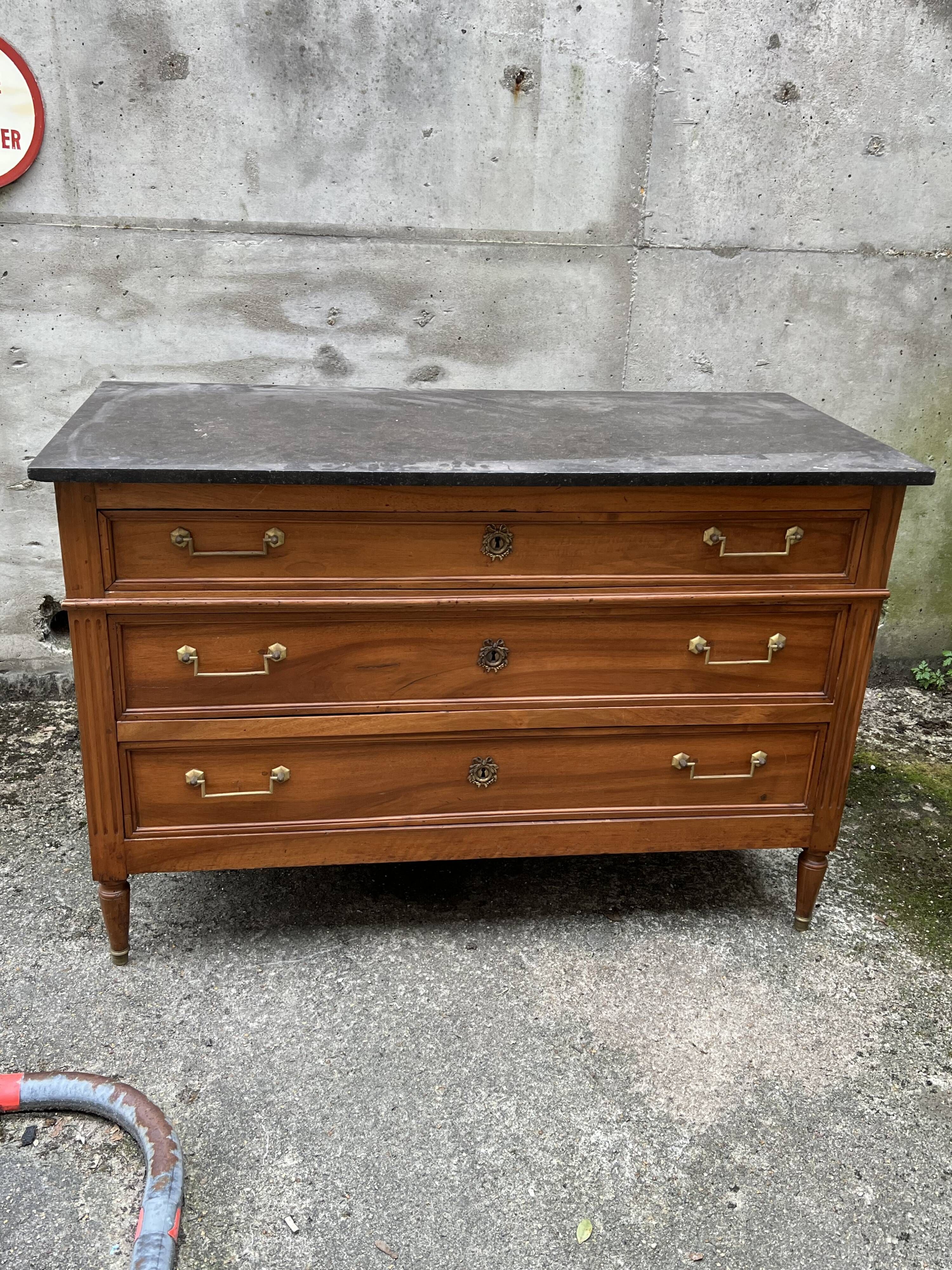 Louis XVI style chest of drawers in walnut, marble top