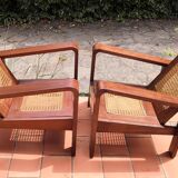 Pair of armchairs in rosewood and canework 1950