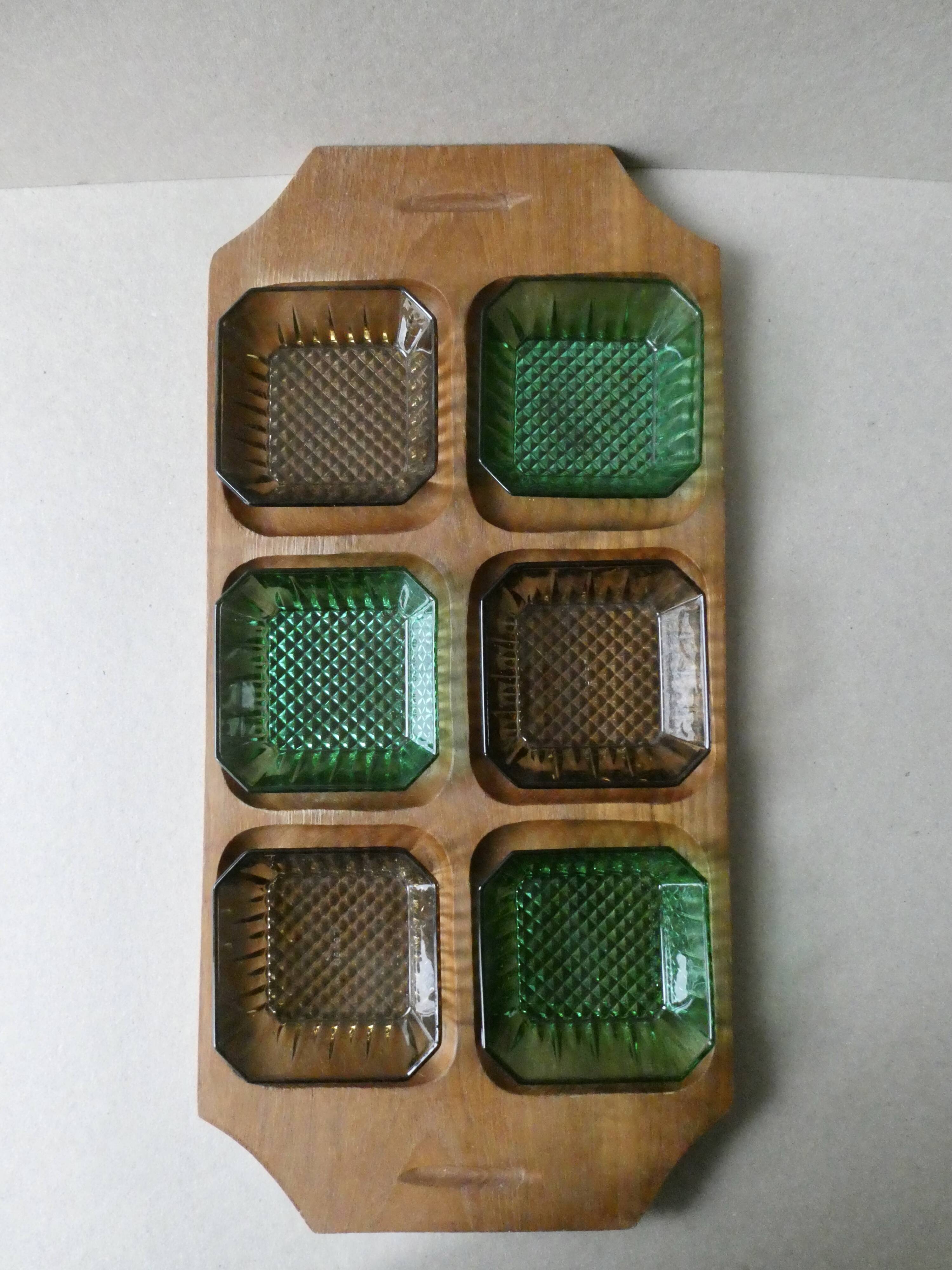 Teak serving tray with 6 glass bowls, 1960s