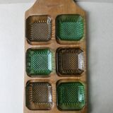 Teak serving tray with 6 glass bowls, 1960s