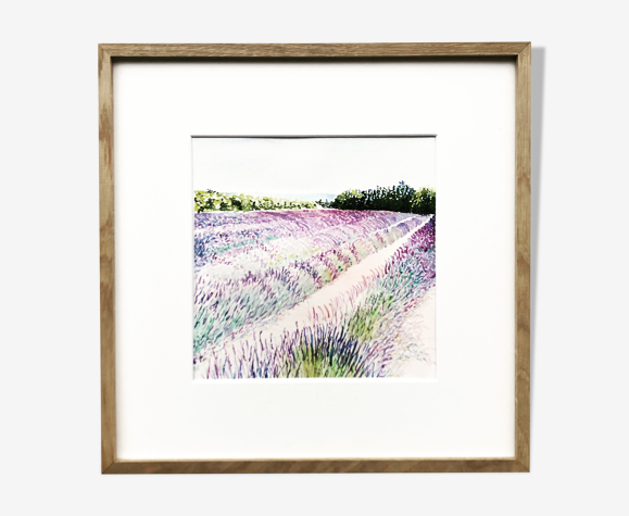 Champ de lavande stylisé par Lilou, œuvre unique et encadrée