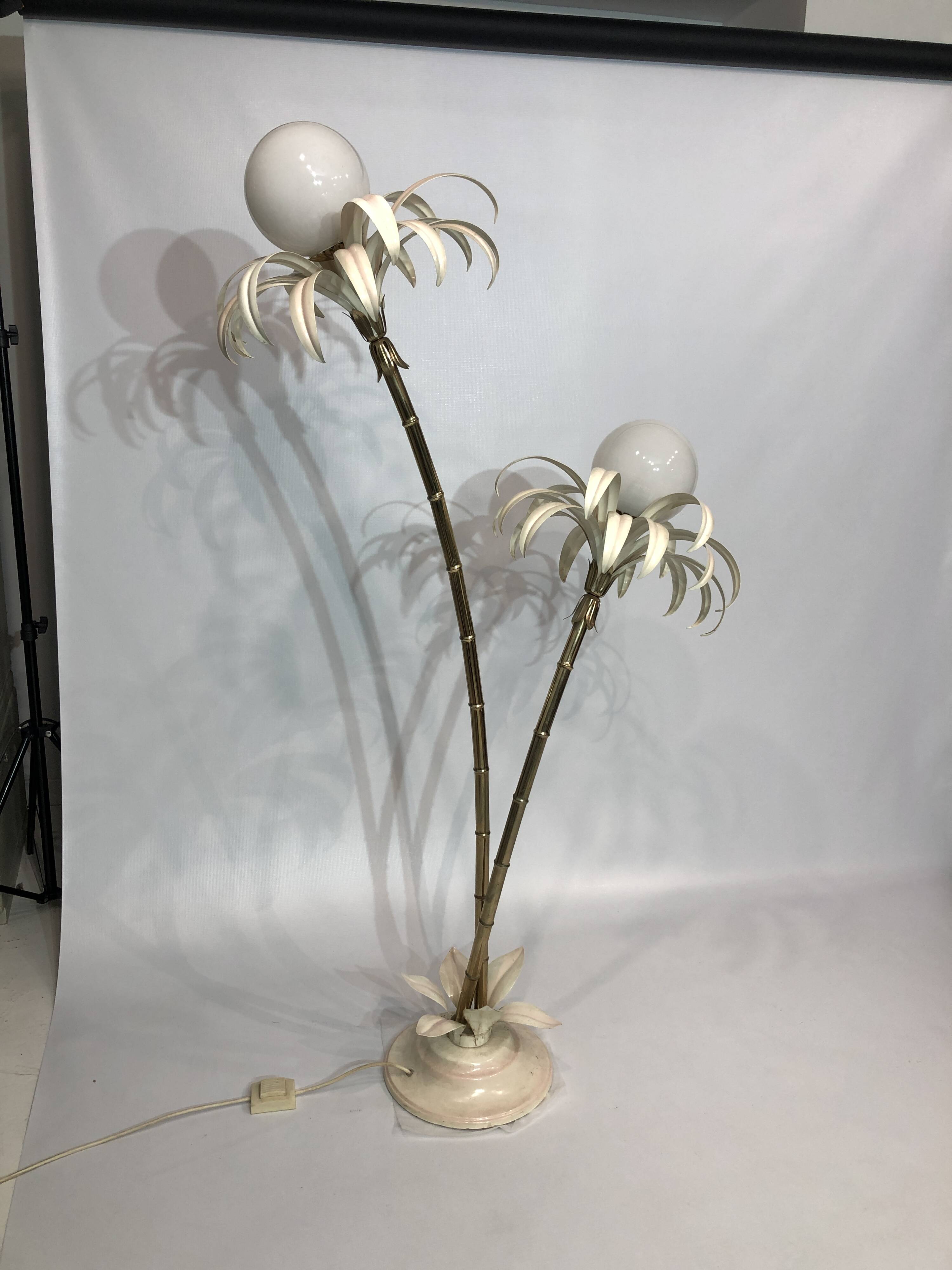 Two branch palm tree floor lamp 1970s italian hollywood regency brass
