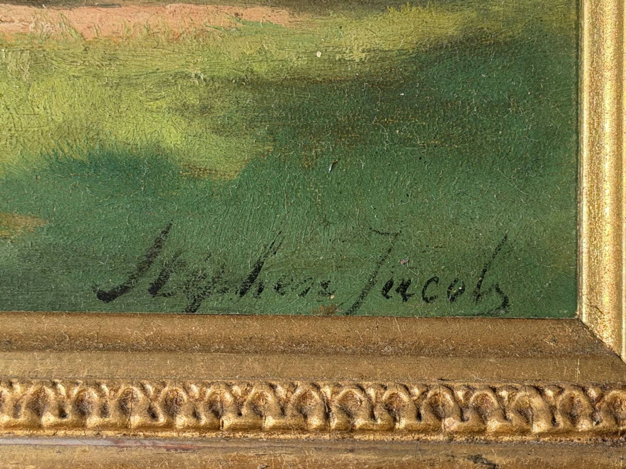 Tableau : huile sur panneau représentant une lavandière