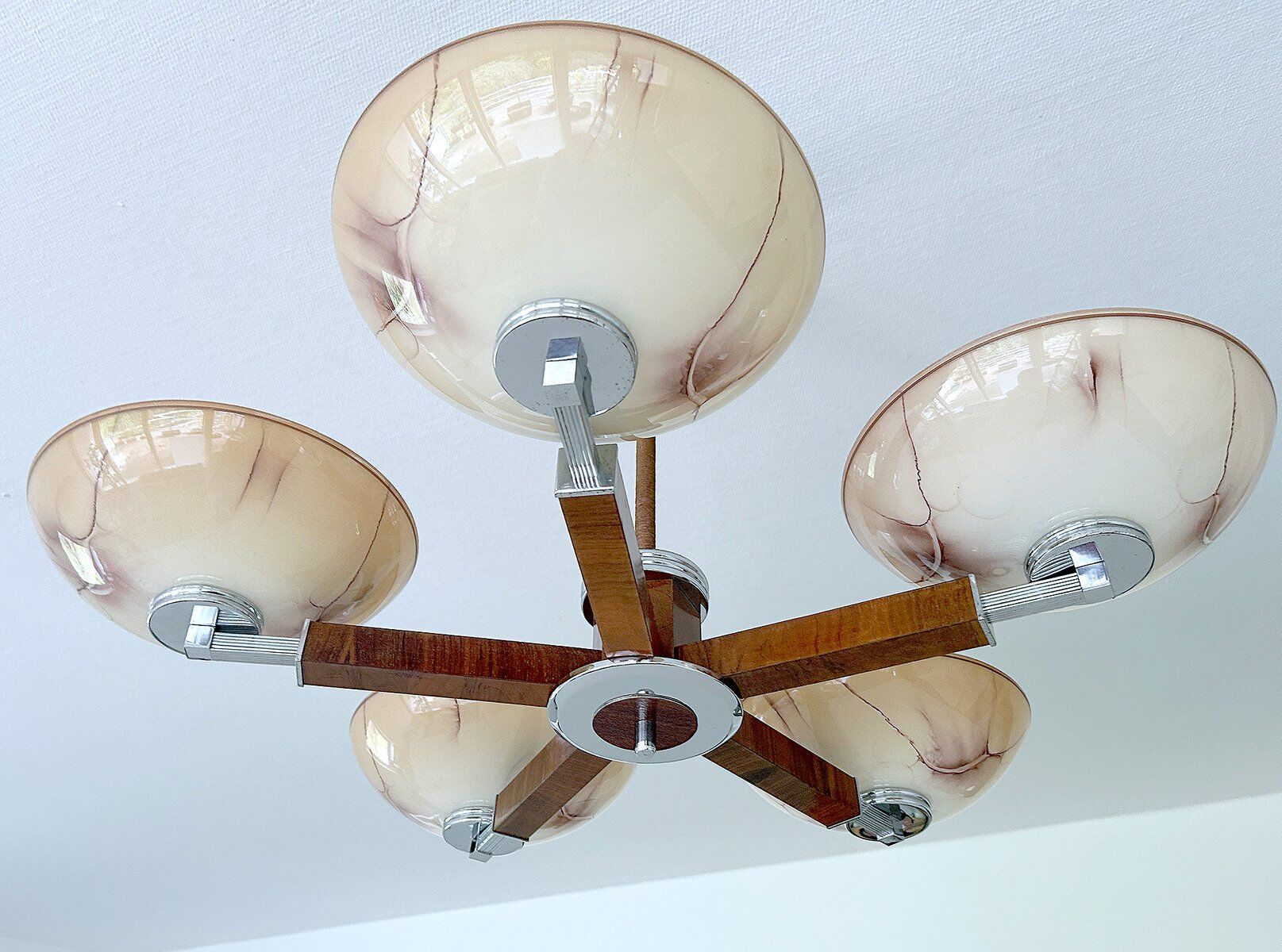 Large Art Deco pendant light in wood and glass, 1930s