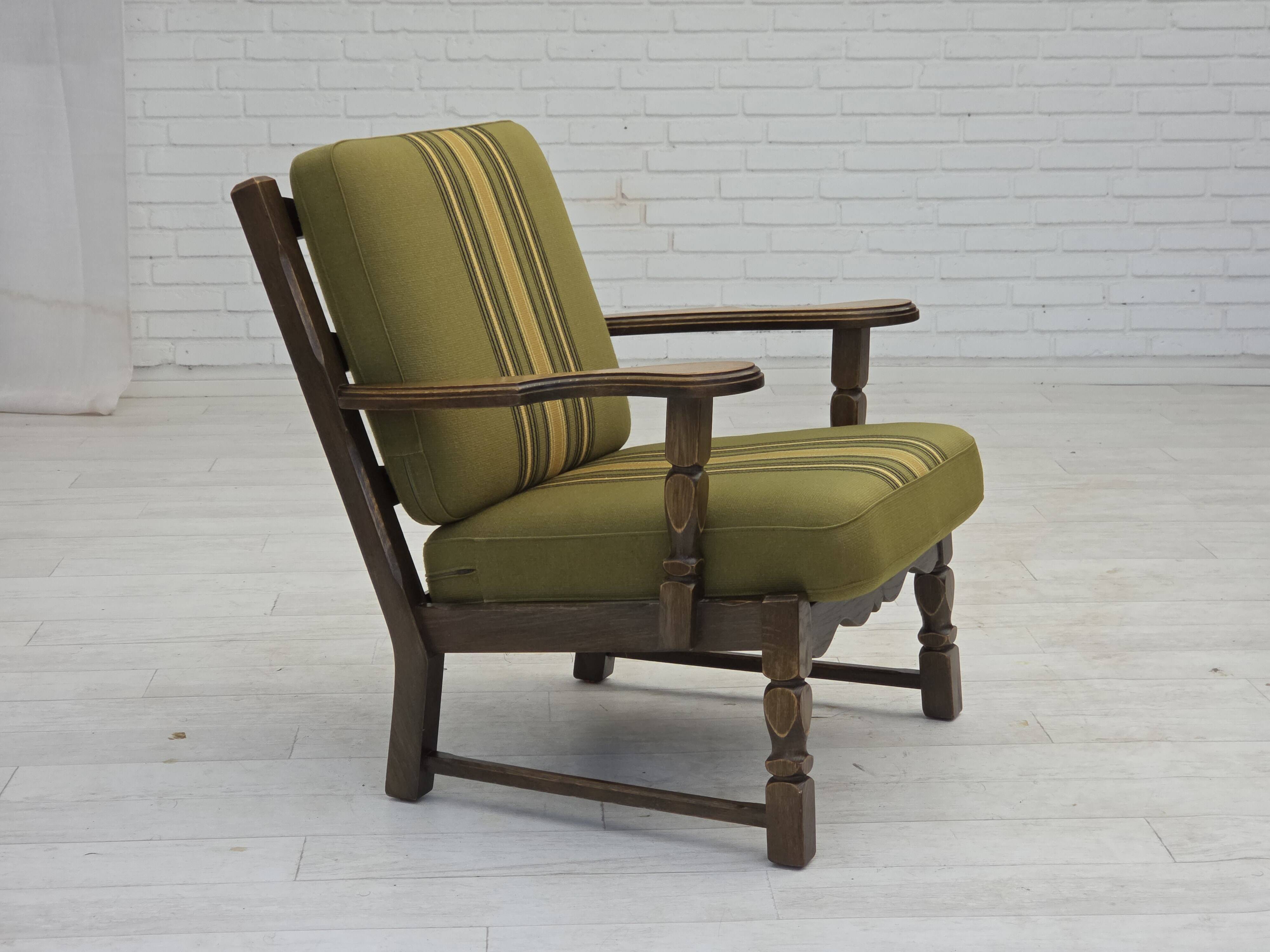 1970s, pair of Danish armchairs, original green furniture wool, oak wood.