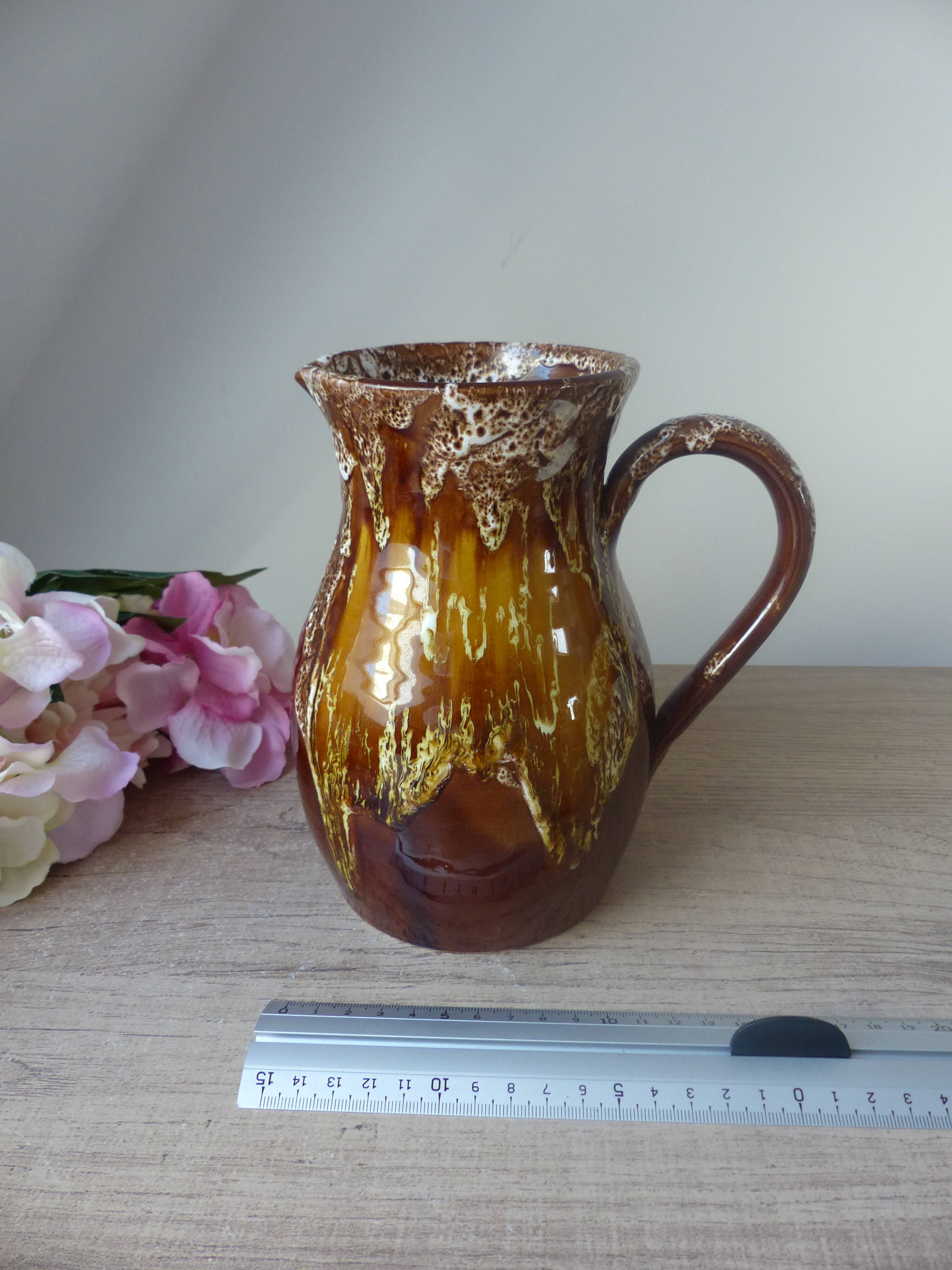 Old brown ceramic water jug pitcher, rustic country house pitcher 1970s