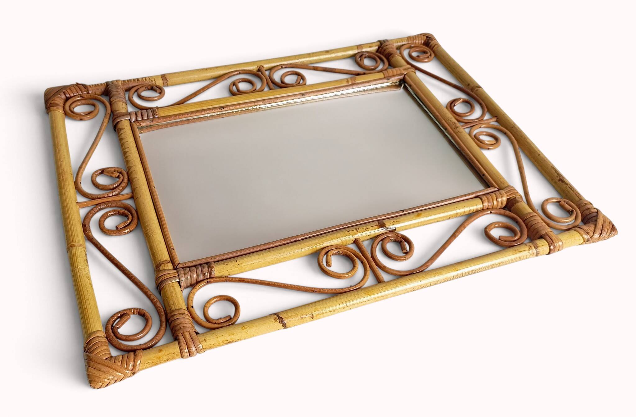 Vintage 1970s Spanish Handmade Bamboo and Rattan Wall Mirror