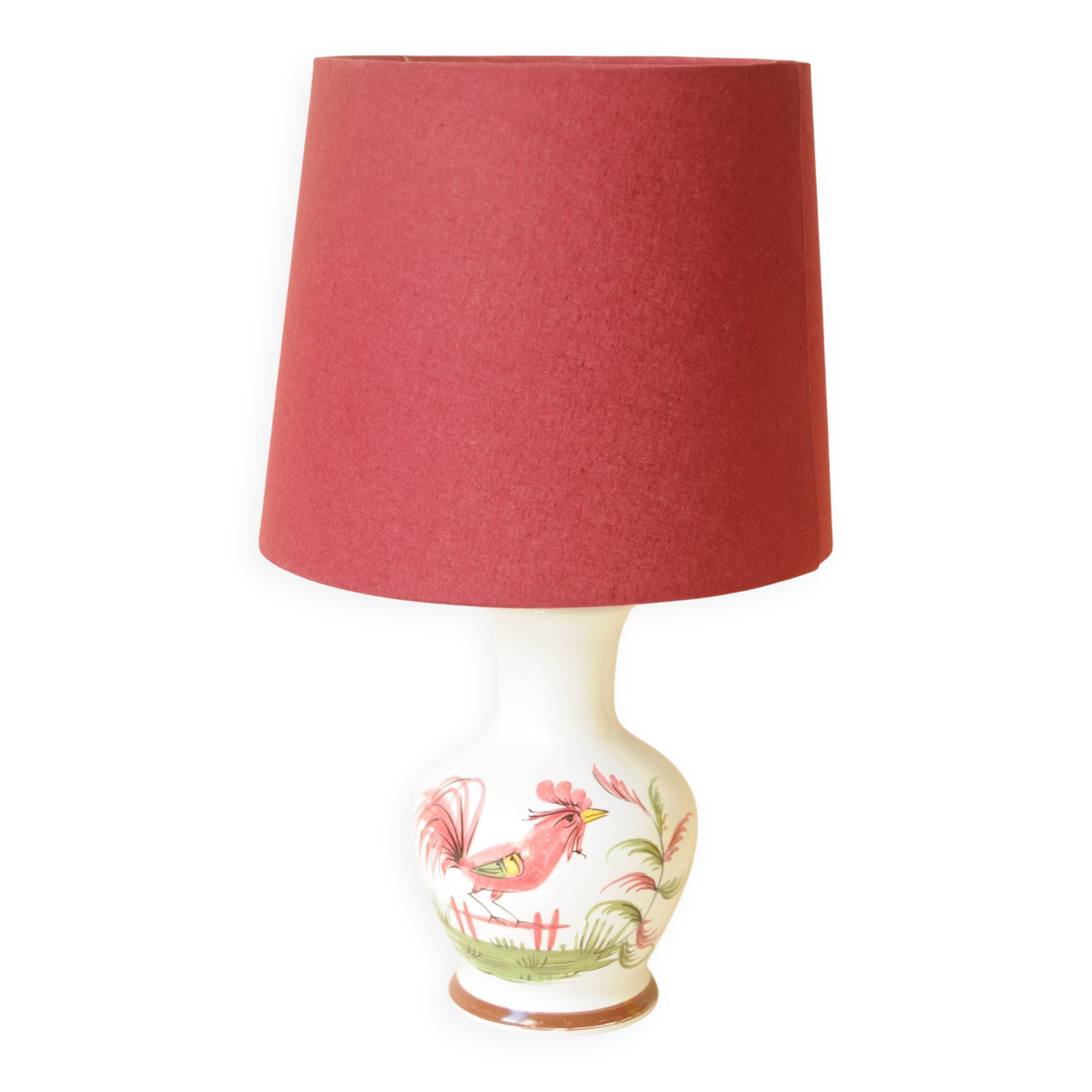 Lampe décor coq en céramique blanc et rouge bordeaux