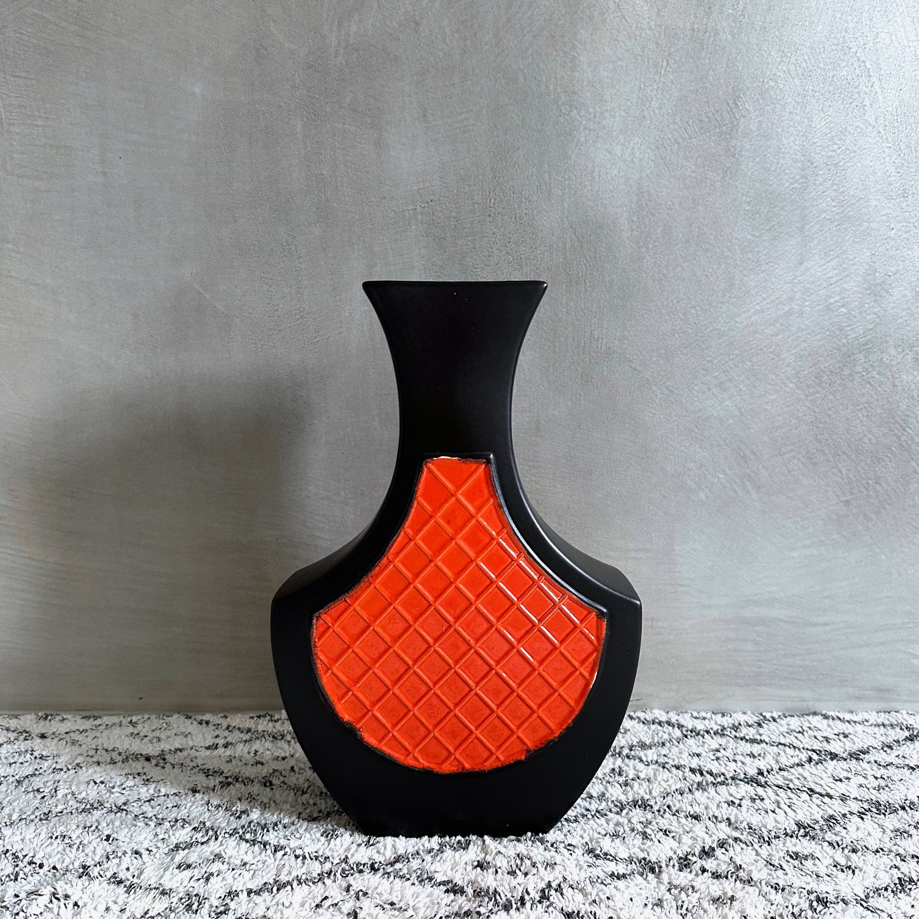 Modernist floor vase, ceramic vase 50, vase black orange, 60s, West German Pottery