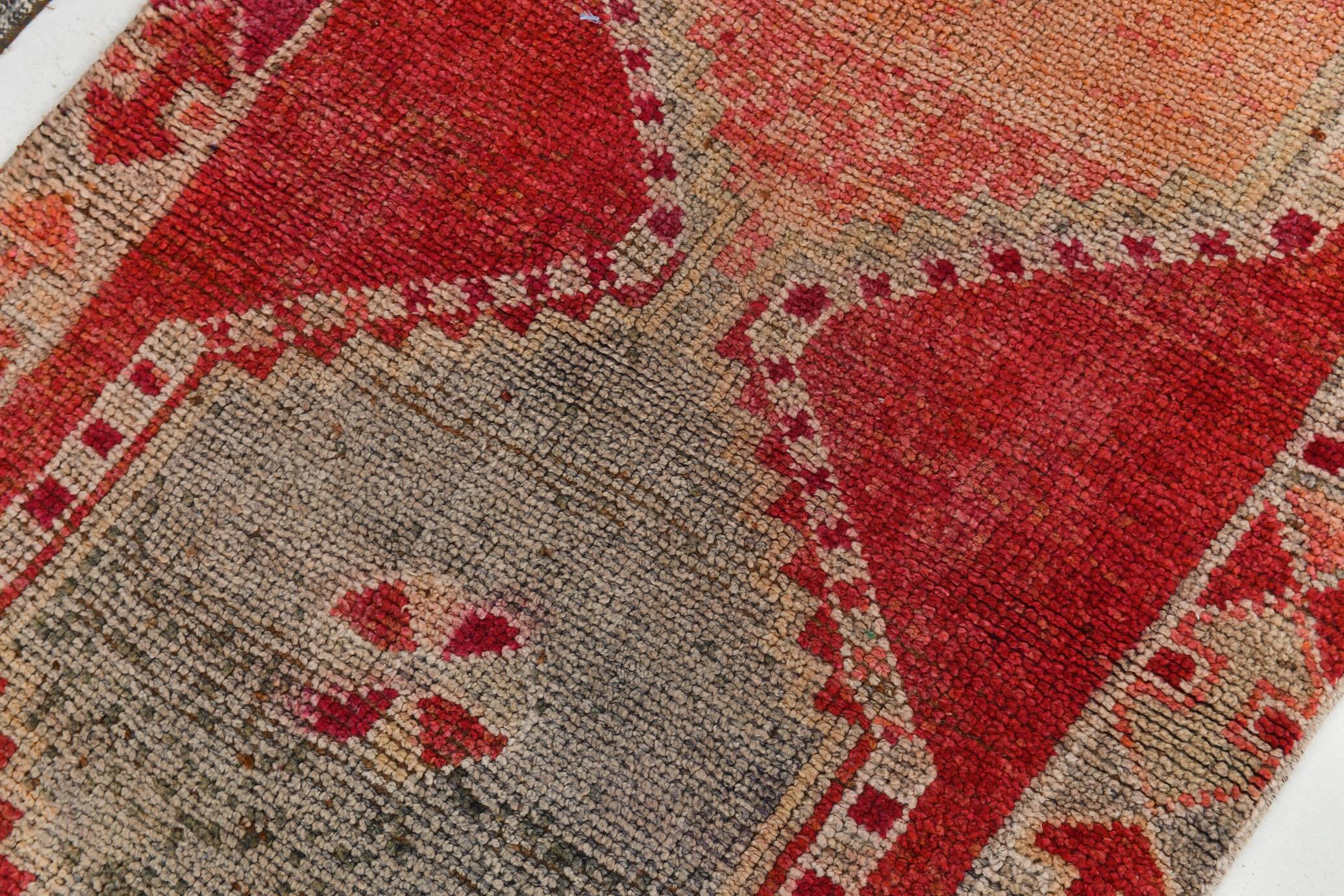 Tapis kilim ancien tons rouges et gris, motifs géométriques turcs,99x343 Cm