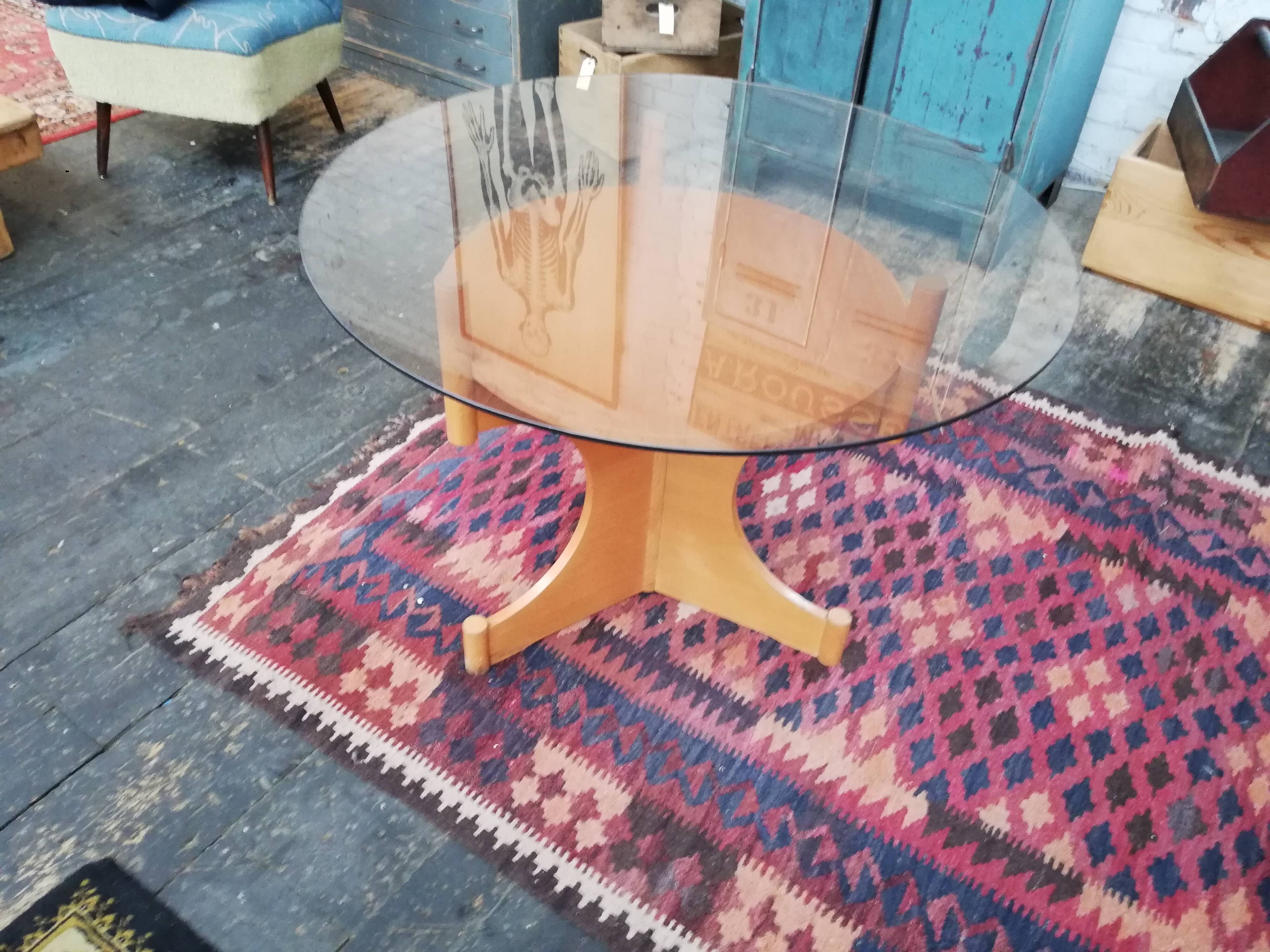 Vintage round wooden table and glass top, Czech, 1960, central leg