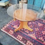 Table ronde vintage en bois et plateau verre, tchèque, 1960, pied central