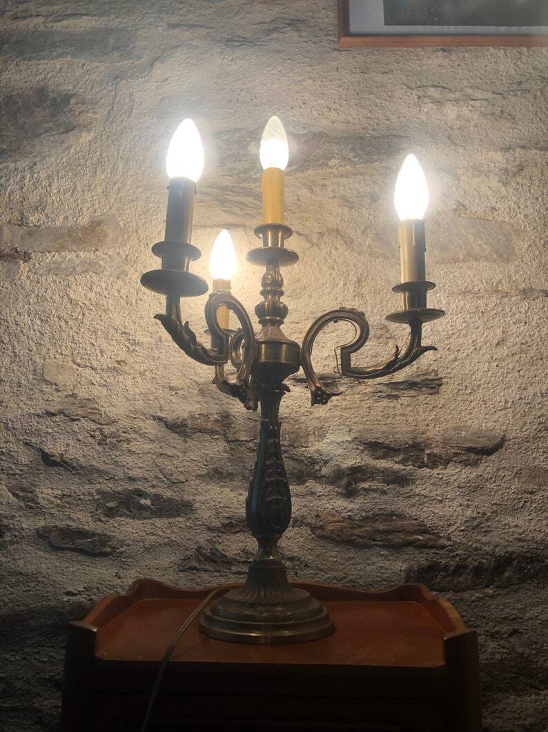 Vintage French Bronze and Brass Table Lamp: Louis XVI Style, 4-Branch C1950