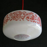 French suspension lamp in white opaline with red print pattern - comes with brass socket