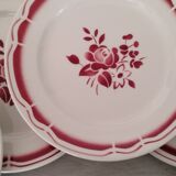 Service cake pie flat plates porcelain opaque badonviller rose bordeaux vintage