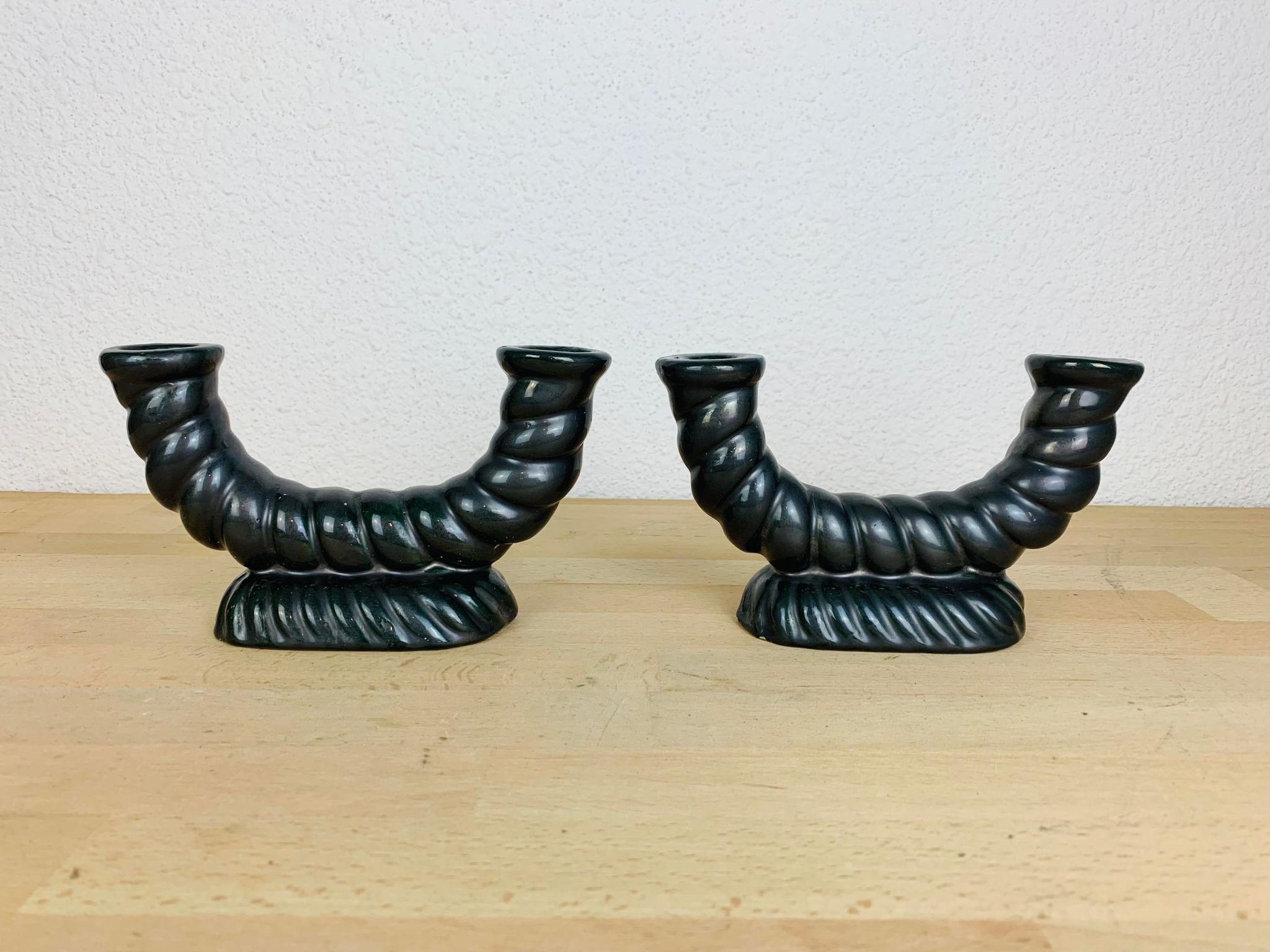 Pair of black Longchamp ceramic candle holders 50s