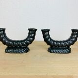 Pair of black Longchamp ceramic candle holders 50s