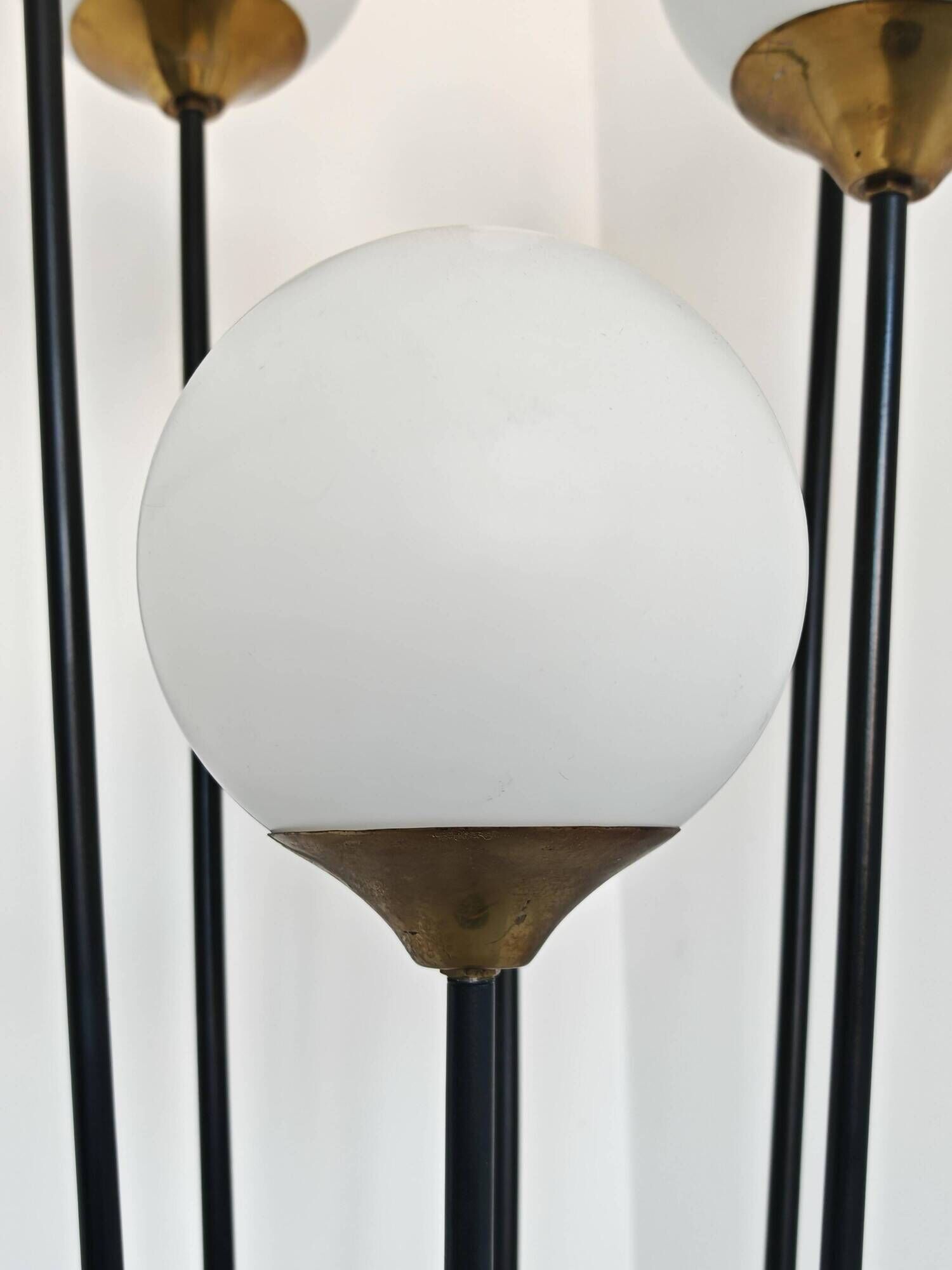 Mid Century Modern floor lamp in brass, marble, and opaline glass attributed to Stilnovo.