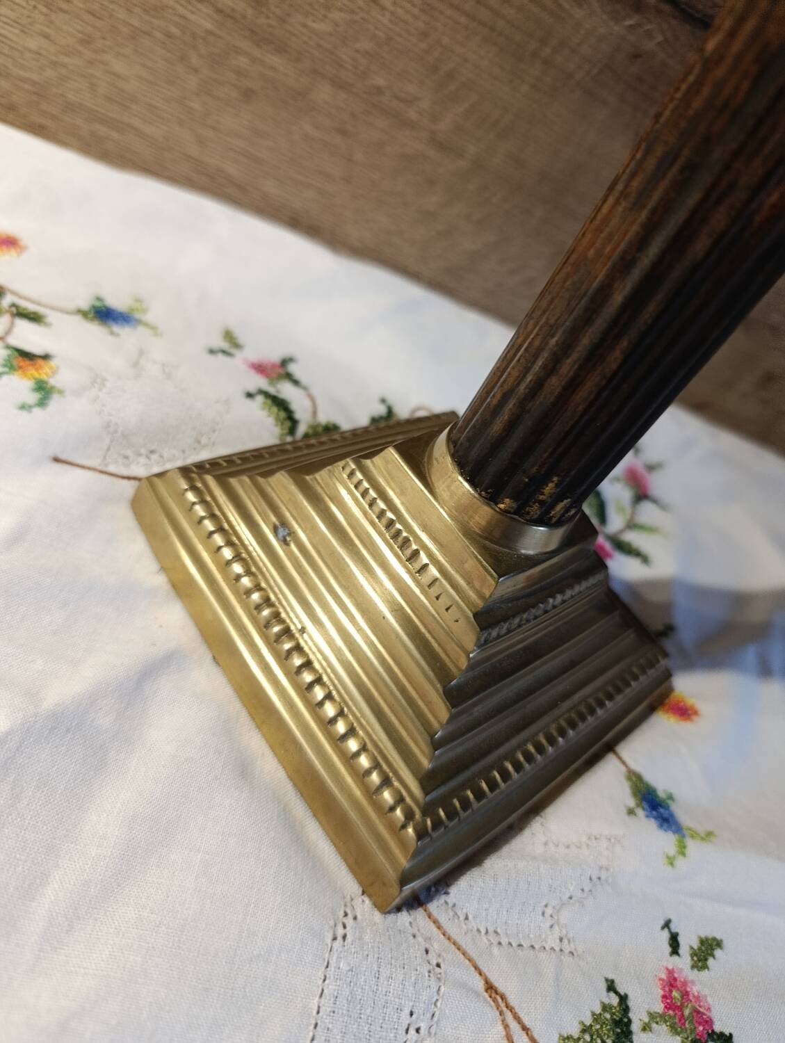 Golden brass candlestick, Corinthian style, vintage