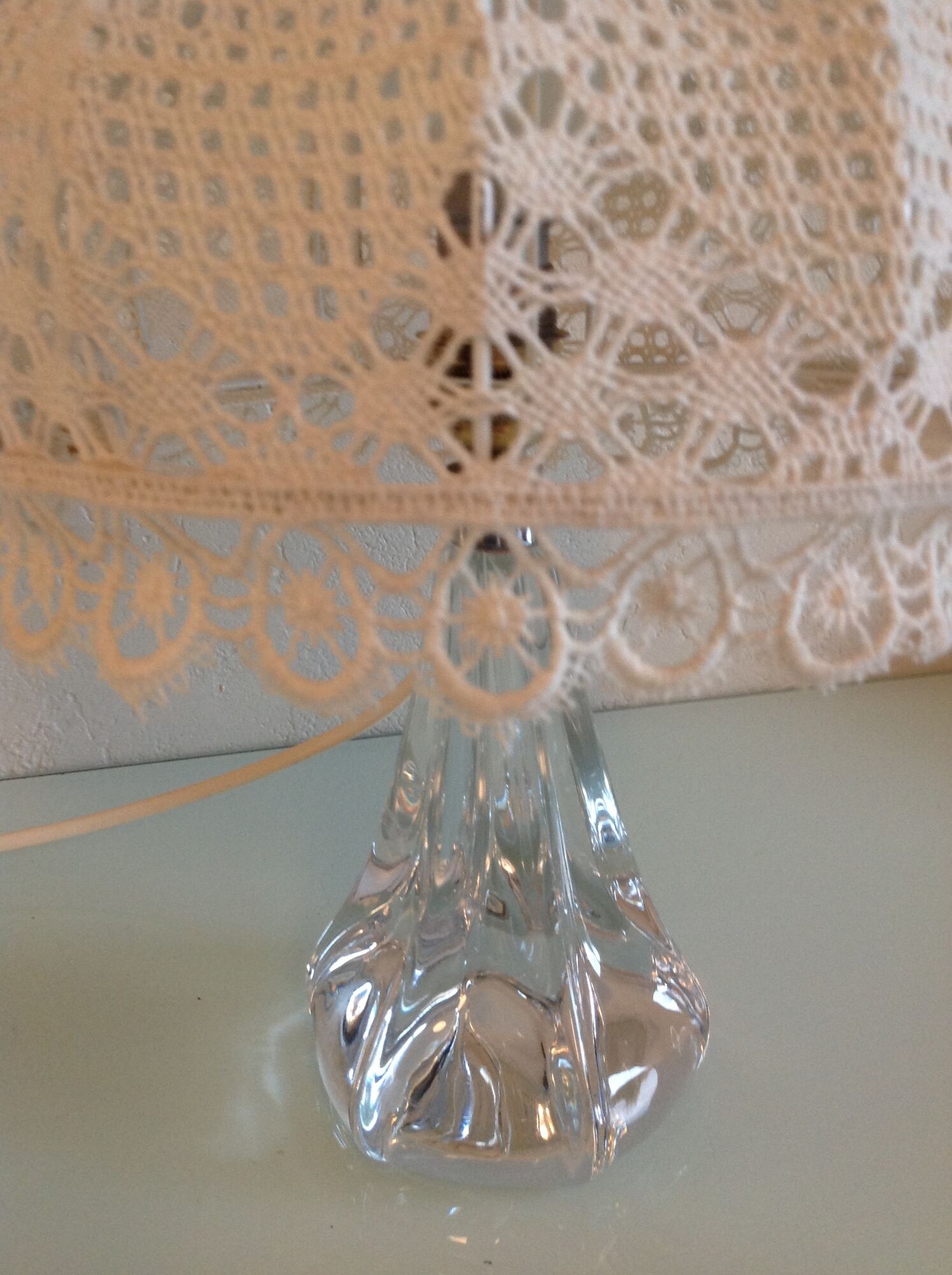 Bedside lamp glass foot and lampshade hook ecru / vintage 60s-70s