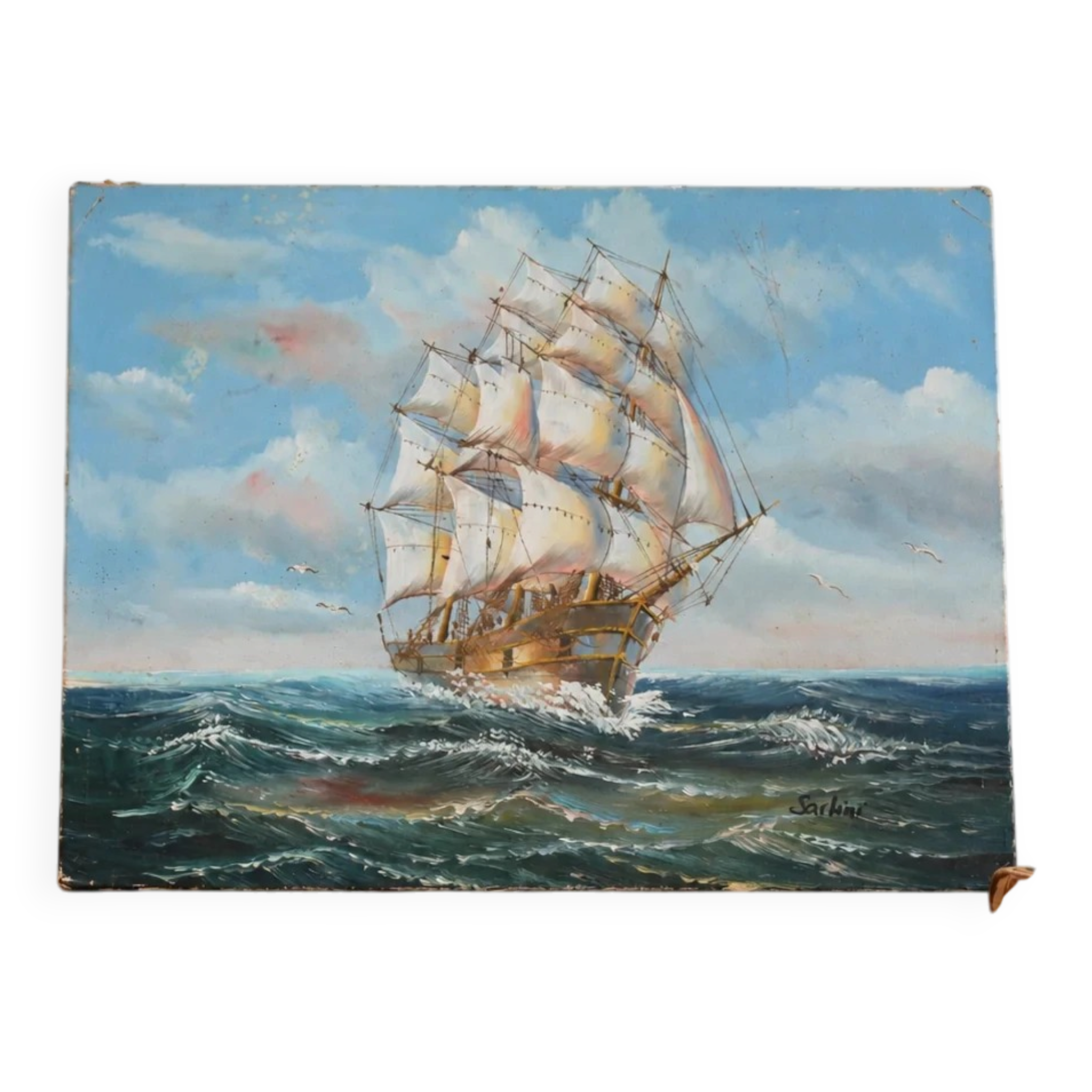 Marine painting on canvas signed "Sartini" – Large sailing ship at sea – 40 × 30 cm