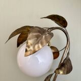 Vintage lamp with leaves in gilded brass and white opaline globe