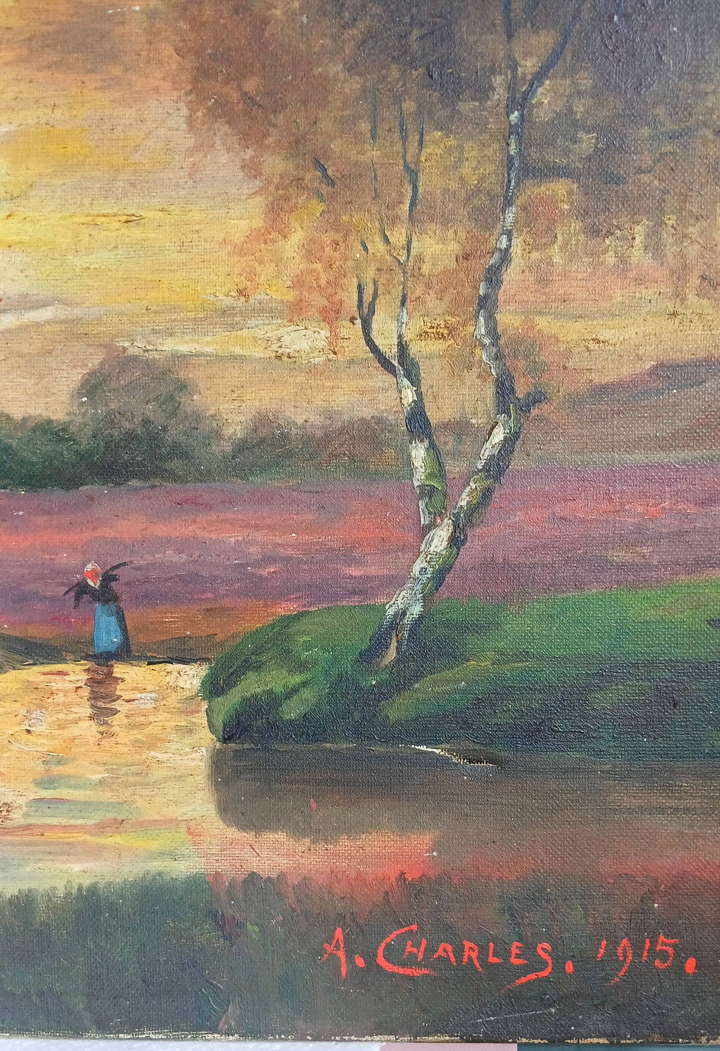 A. Charles 1915, oil on canvas with Flemish inspiration.