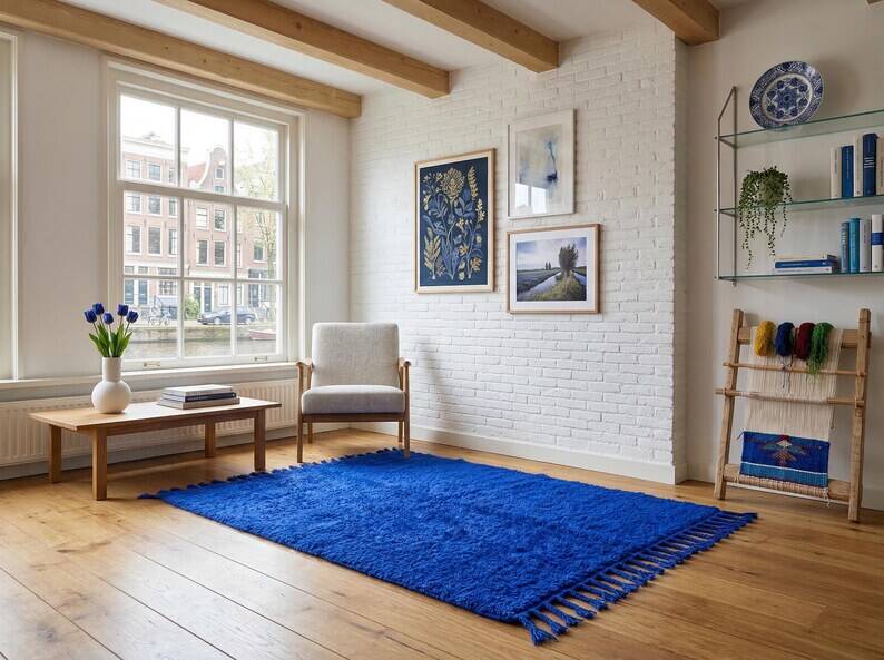Handmade blue wool rug 250cm x 150cm