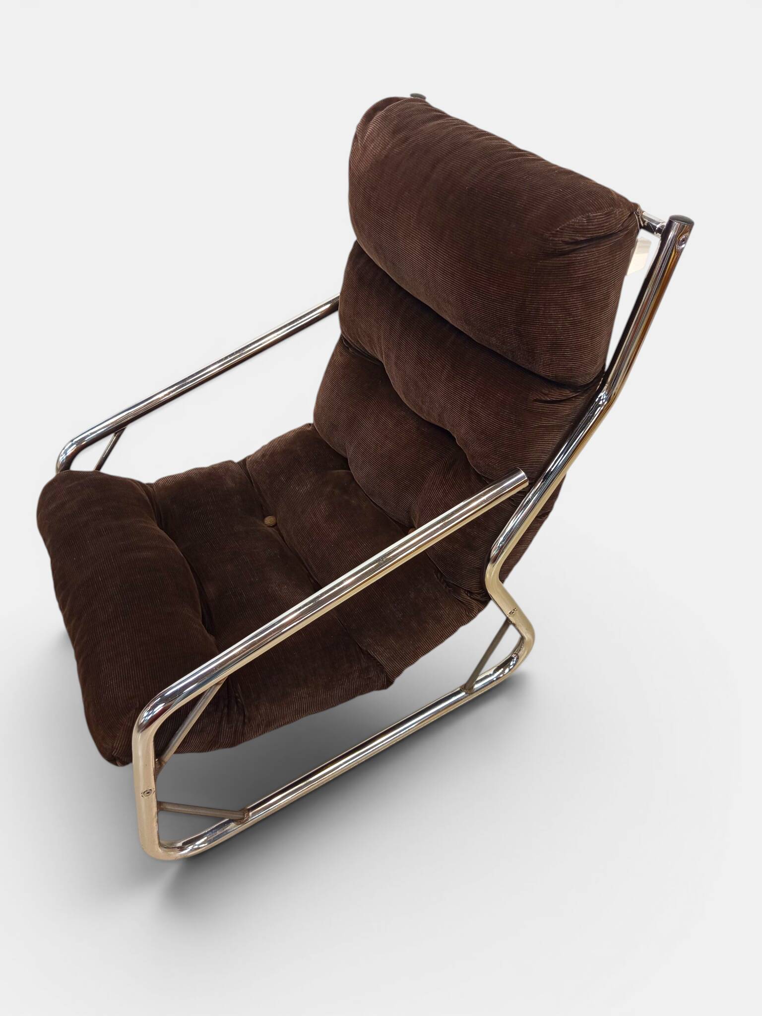 Chrome tubular lounge chair with corduroy – Space Age style 1970