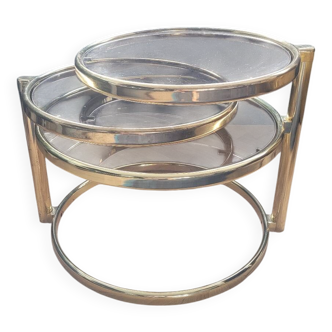 Table basse 3 plateaux en métal doré et verre fumé