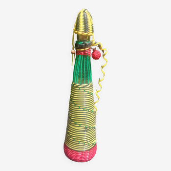 Old carafe/glass bottle decorated with scoubidou with its tassels 50/60s