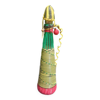 Old carafe/glass bottle decorated with scoubidou with its tassels 50/60s