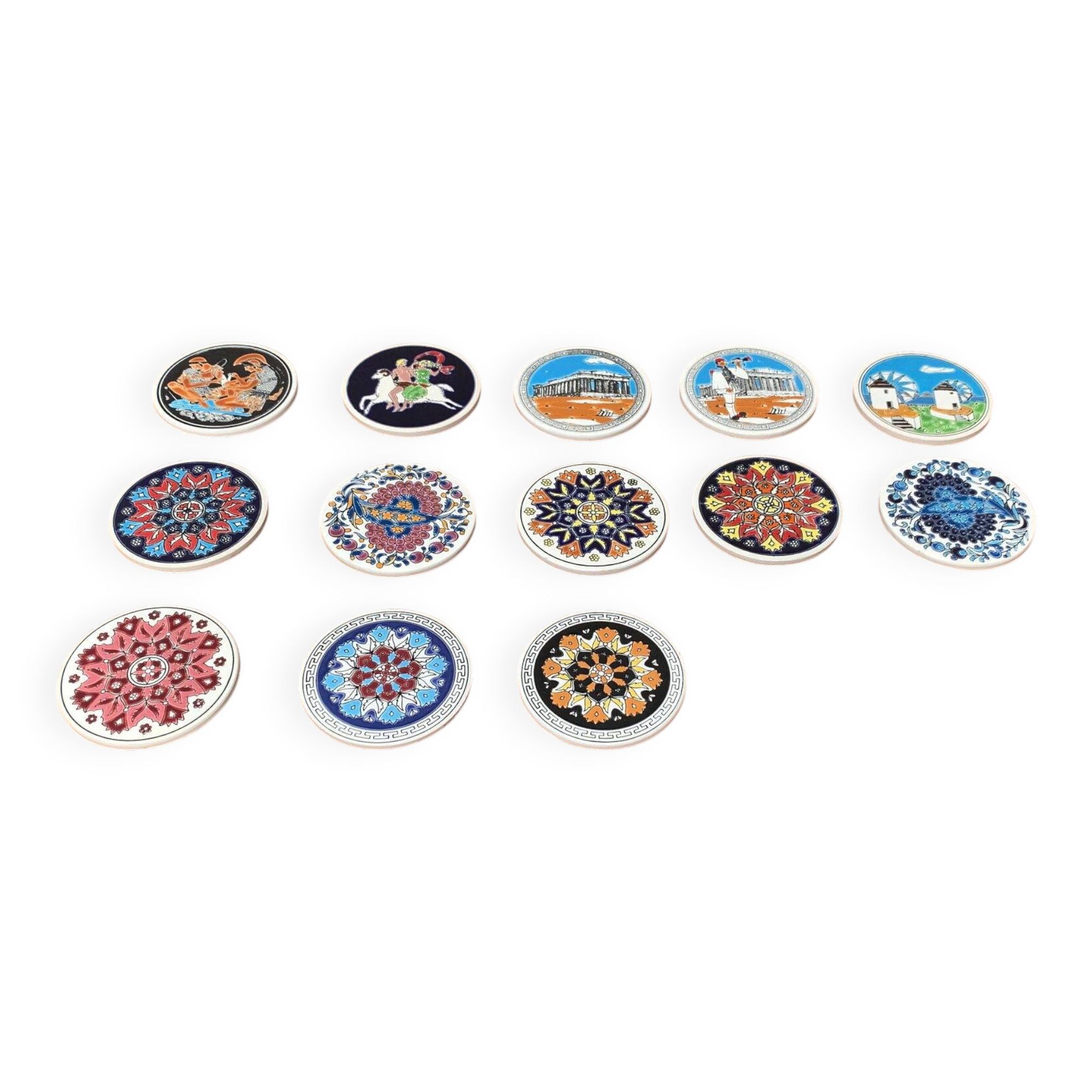 Set of 13 vintage ceramic coasters handmade by Lito Niarchos.