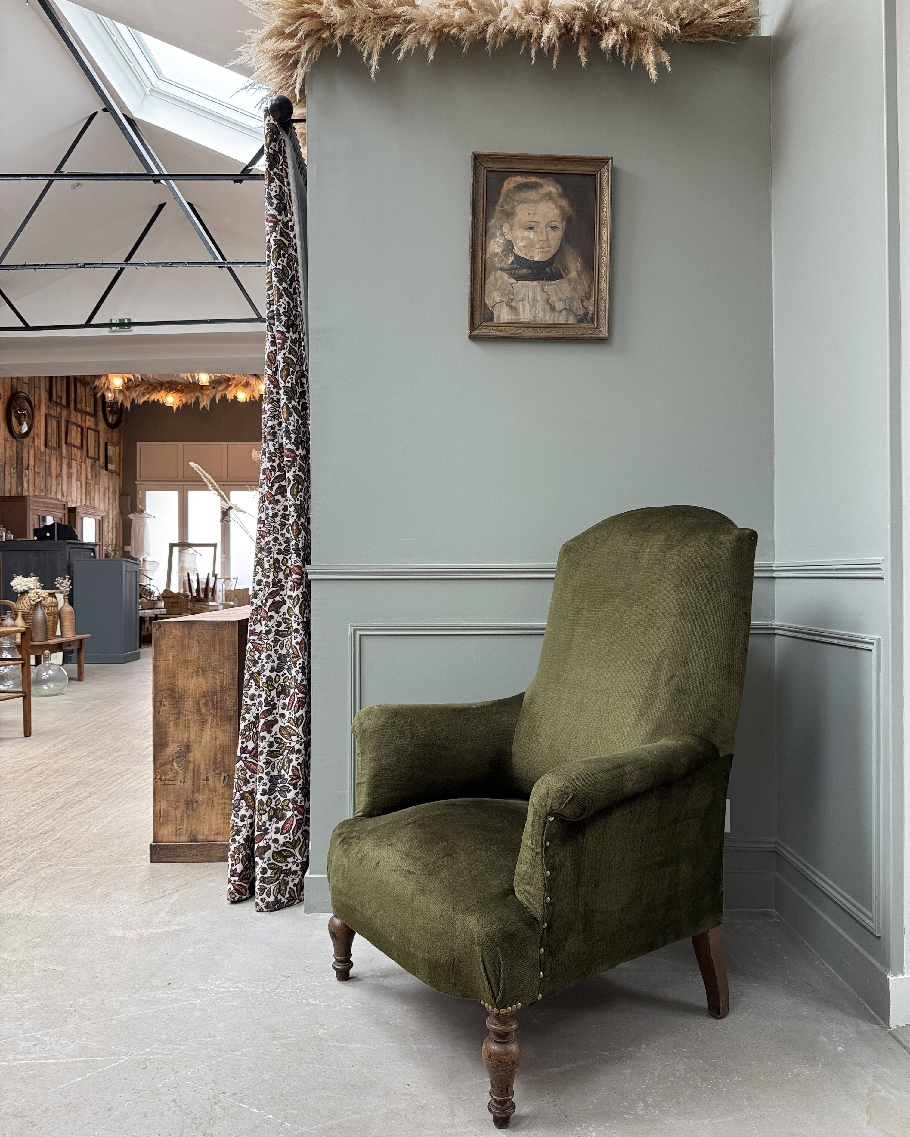 Green velvet tub chair