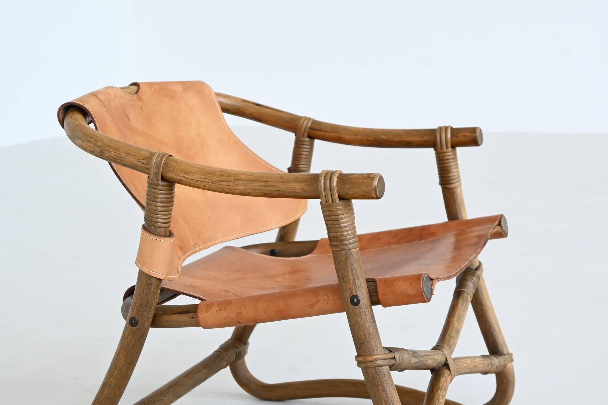 Espri safari chair in cognac leather and bamboo IKEA Sweden 1970