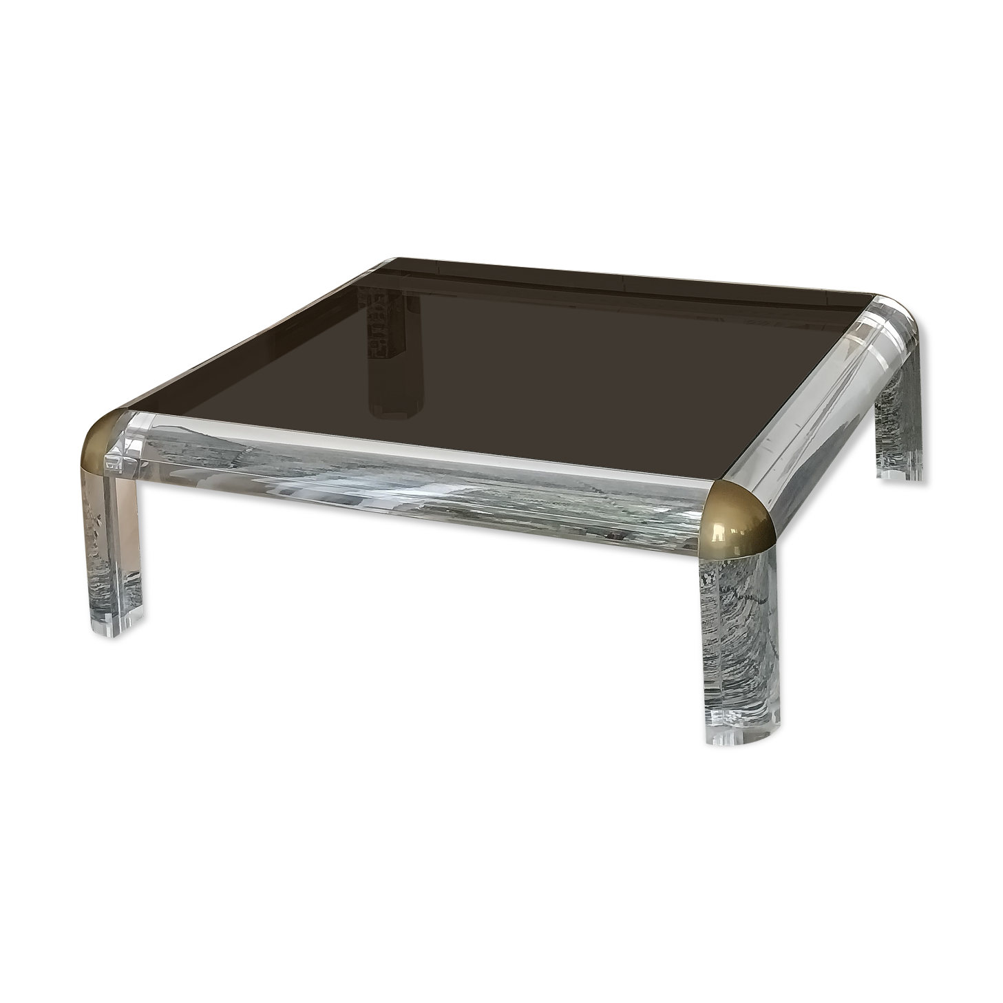Square coffee table in brass and smoked and lucite glass Karl Springer 1970s