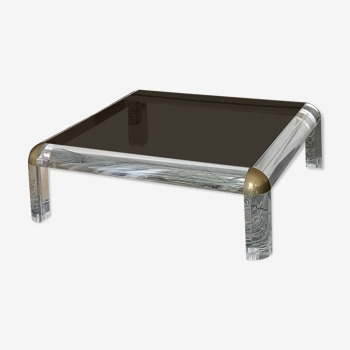 Square coffee table in brass and smoked and lucite glass Karl Springer 1970s