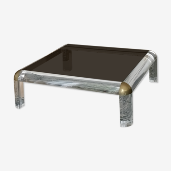 Table basse carrée en laiton et verre fumé et lucite Karl Springer 1970s