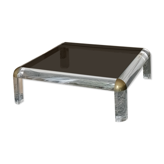 Square coffee table in brass and smoked and lucite glass Karl Springer 1970s