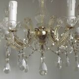 Vintage French Metal Crystal and Glass 5 Arm Paris Chic Style Chandelier