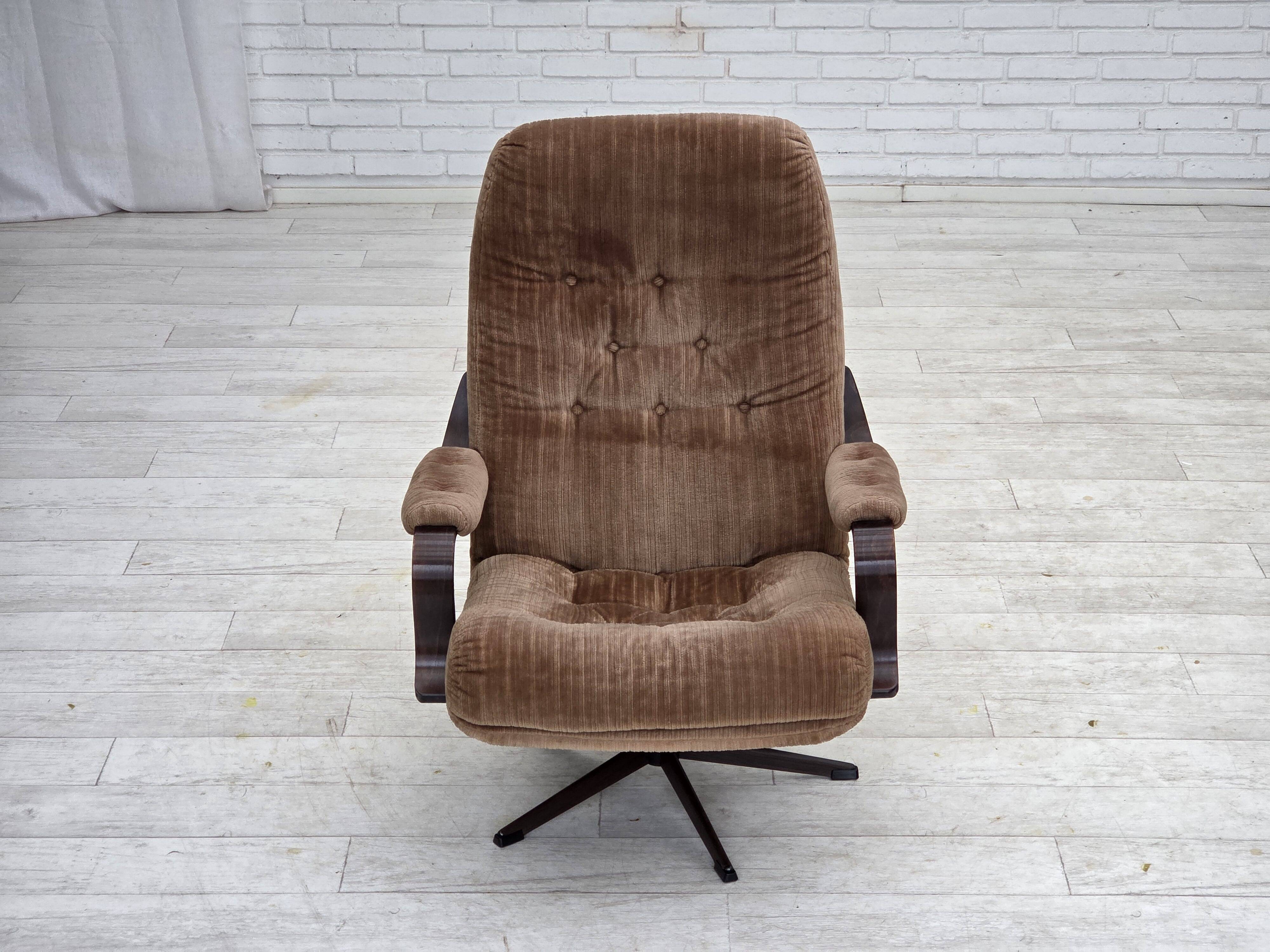 1970s, Danish swivel armchair, furniture corduroy, dark beech wood.