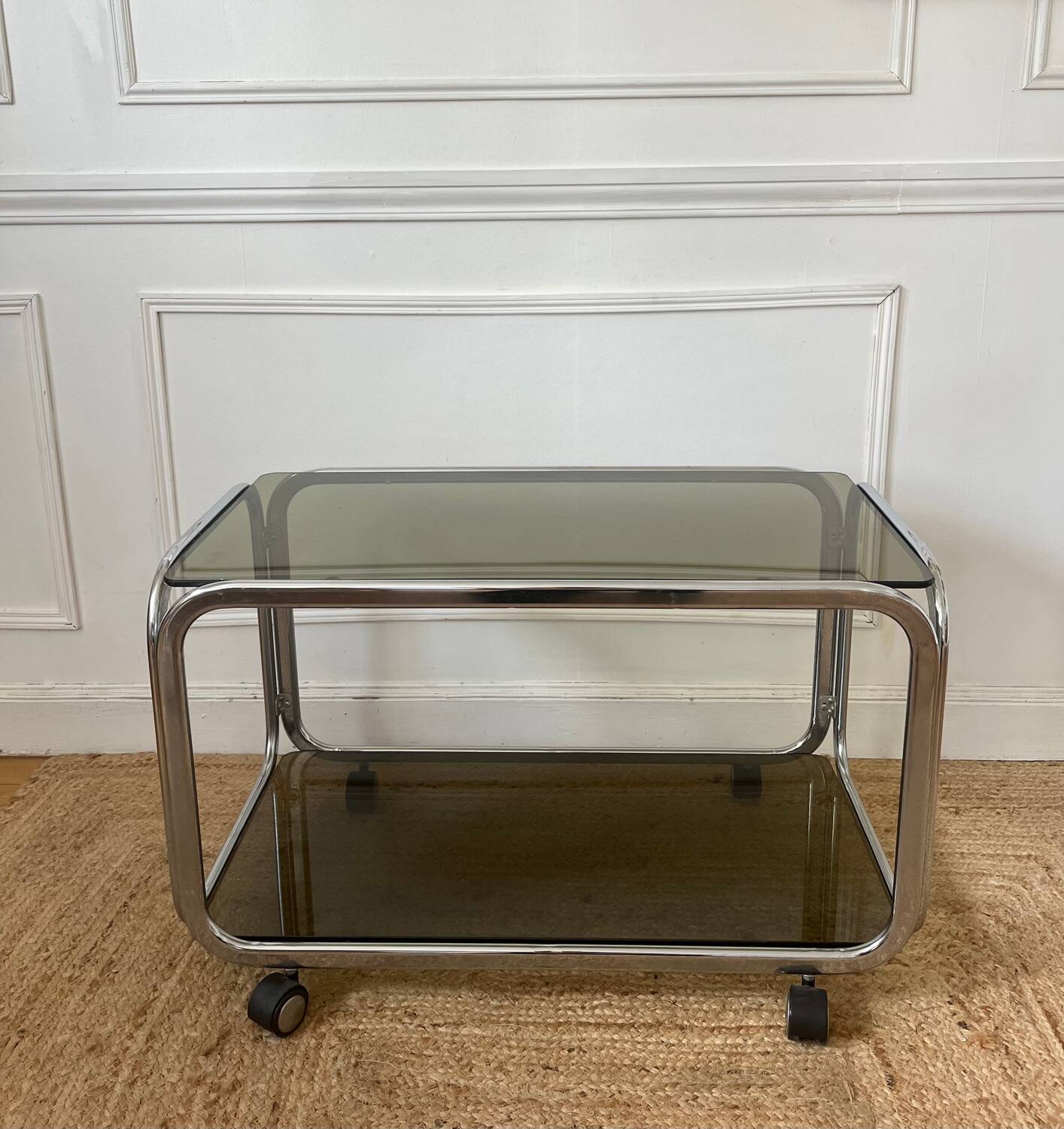 Rolling serving cart in chromed steel and smoked glass, 70s design