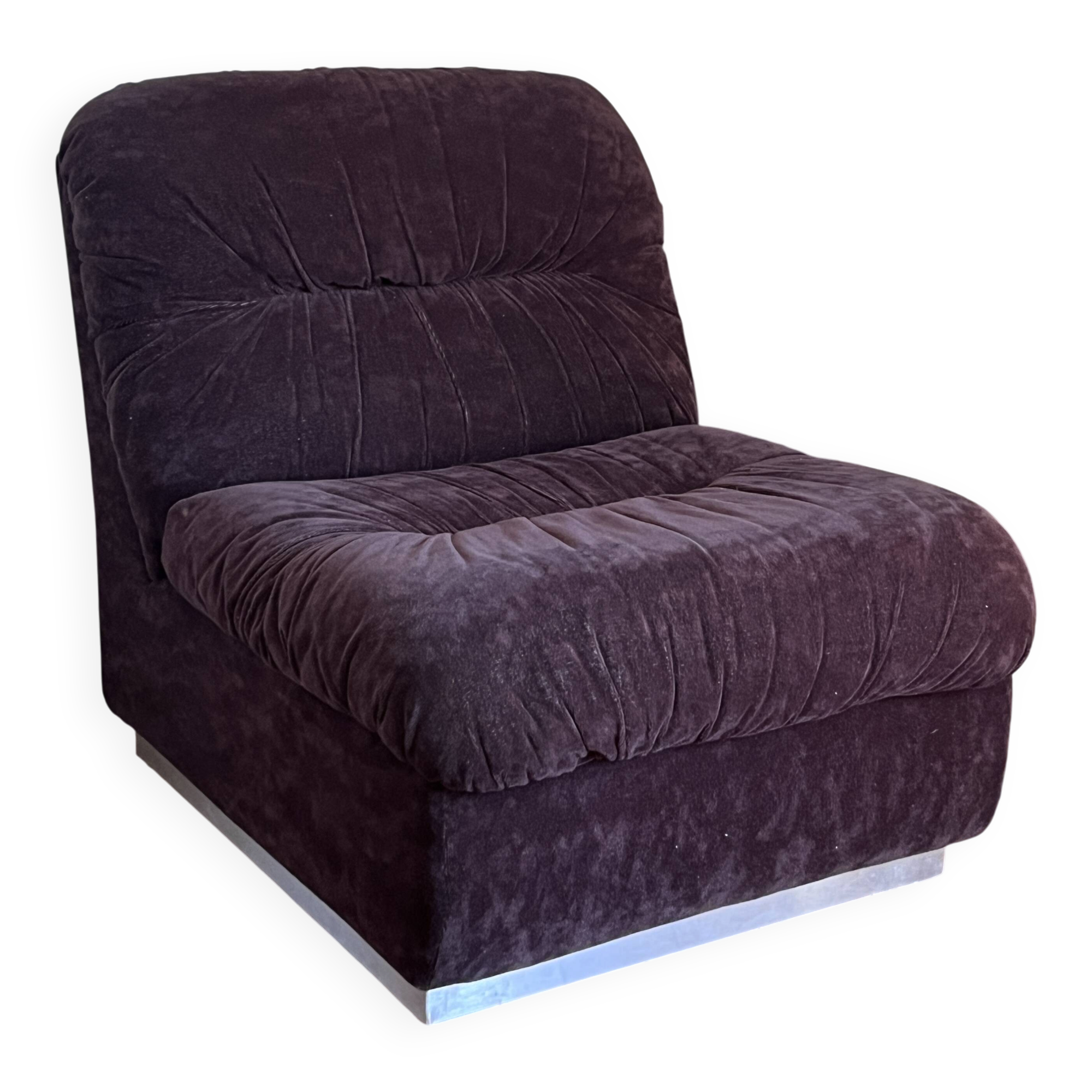 Vintage 1970s lounge chair in chocolate brown velvet with a chrome base.