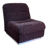 Fauteuil lounge en velours marron chocolat et base chrome, années 70