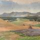 Old oil painting of a landscape on panel from 1920, haystacks.
