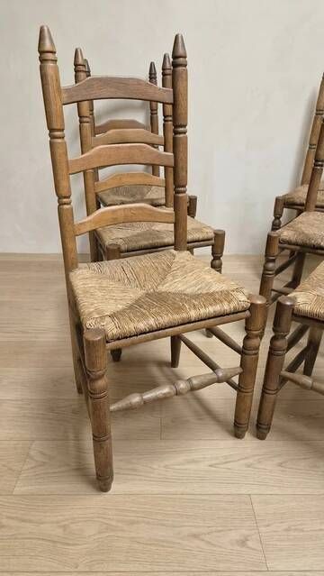 Set of 6 vintage wooden ladder-back dining chairs with woven seats