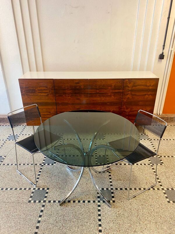 Table ronde italienne en verre fumé 1970 style Giotto Stoppino