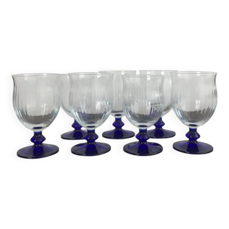 Set of 7 water/wine glasses on stems in vintage blue colors