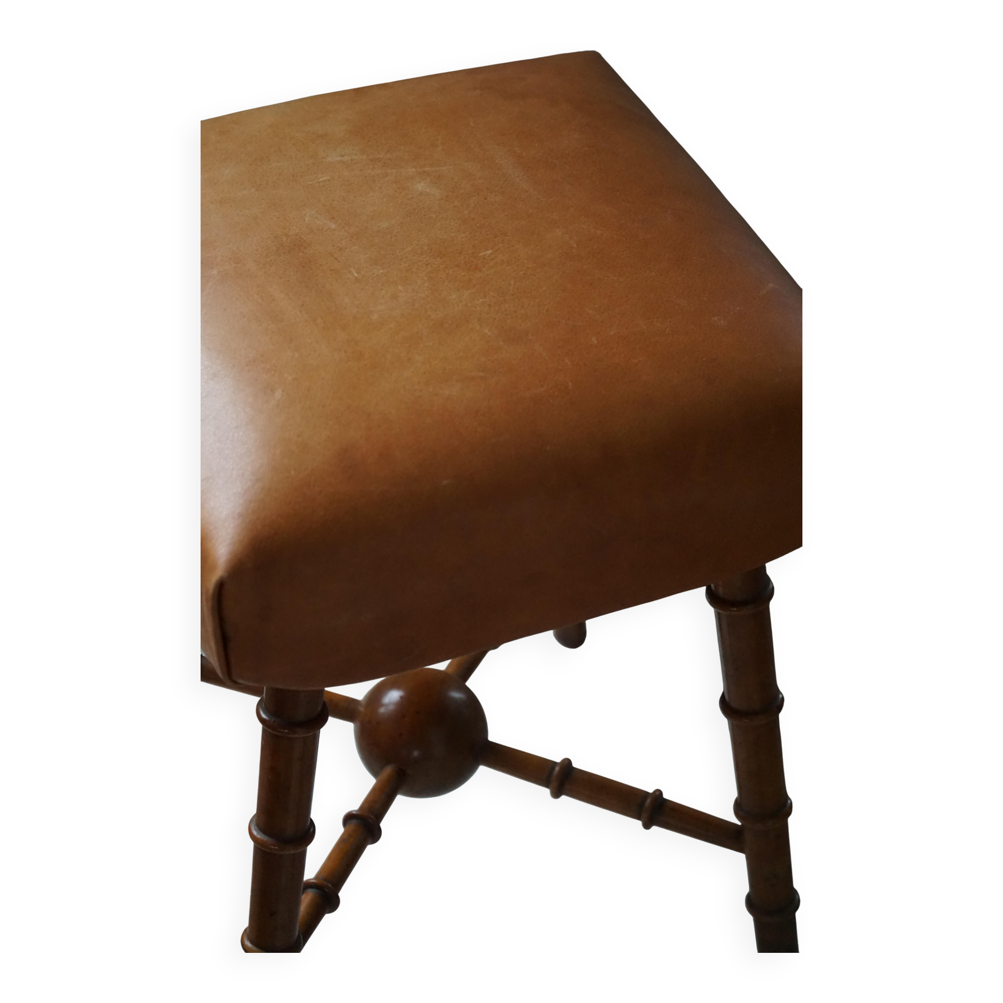 Turned wooden stool with leather seat, mid-20th century, Danish modern.